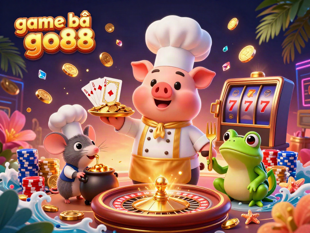 Experience excitement with game bài go88, featuring gold coins, playing cards, and colorful poker chips.