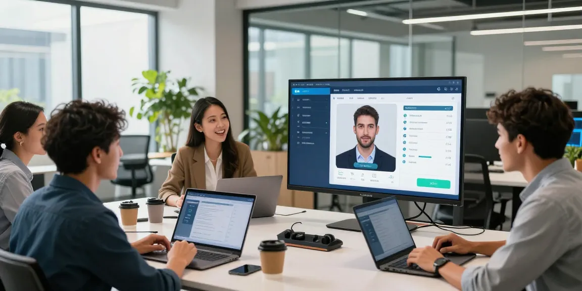 Team implementing an age verification system, demonstrating facial recognition technology in a modern tech office.