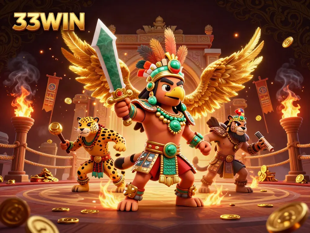 33WIN gaming scene with an Aztec warrior and jaguar companion amidst gold coins and ember particles.