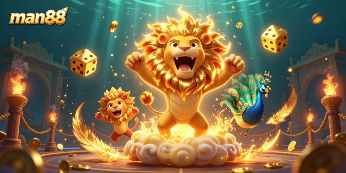Join man88 for thrilling casino action amidst radiant gold dice and vibrant characters.