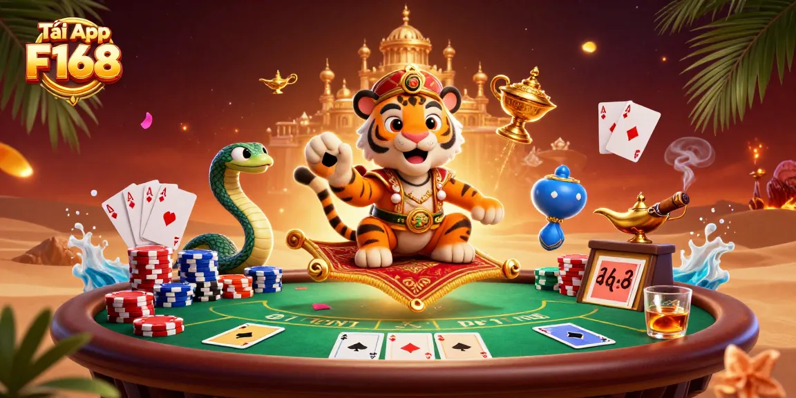 Tải App F168 for an immersive casino experience with vibrant Arabian Nights-themed visuals.