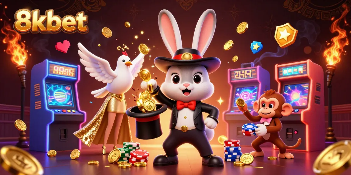 Engage with 8xbet as the magician rabbit conjures gold coins in a vibrant casino scene.