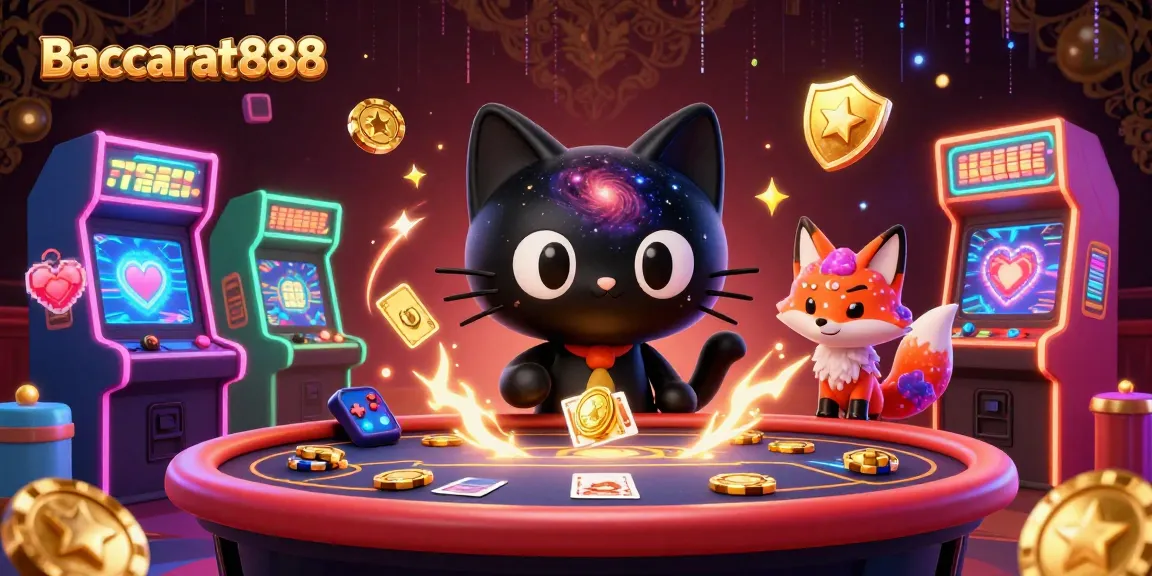 Engage in Baccarat888 with a cosmic cat and its fox companion in a vibrant casino scene.