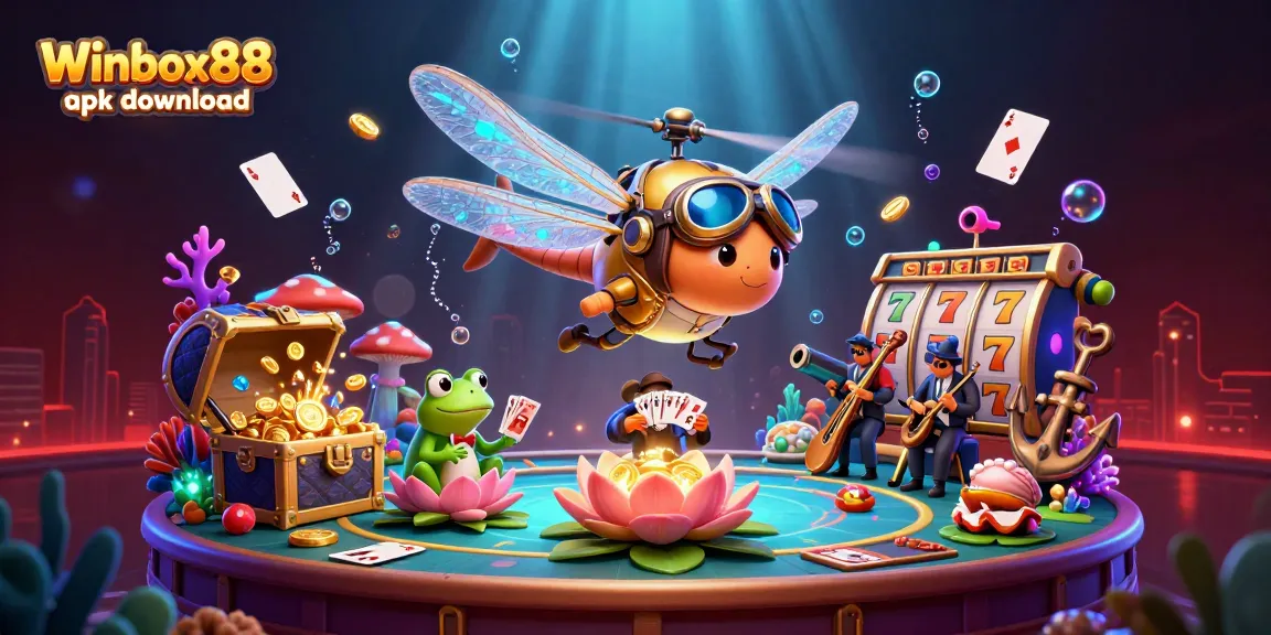 Play and win with the vibrant Winbox88 apk download illustration featuring mobile gaming action and casino elements.