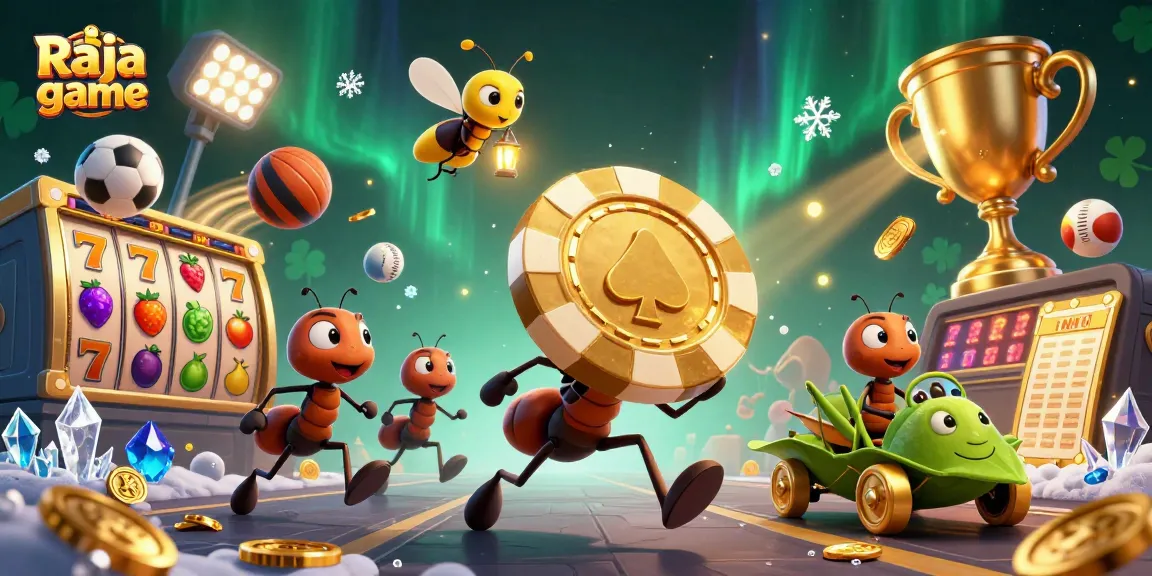 Raja game offers thrilling slot experiences with a dynamic illustration of ants heisting a giant poker chip.