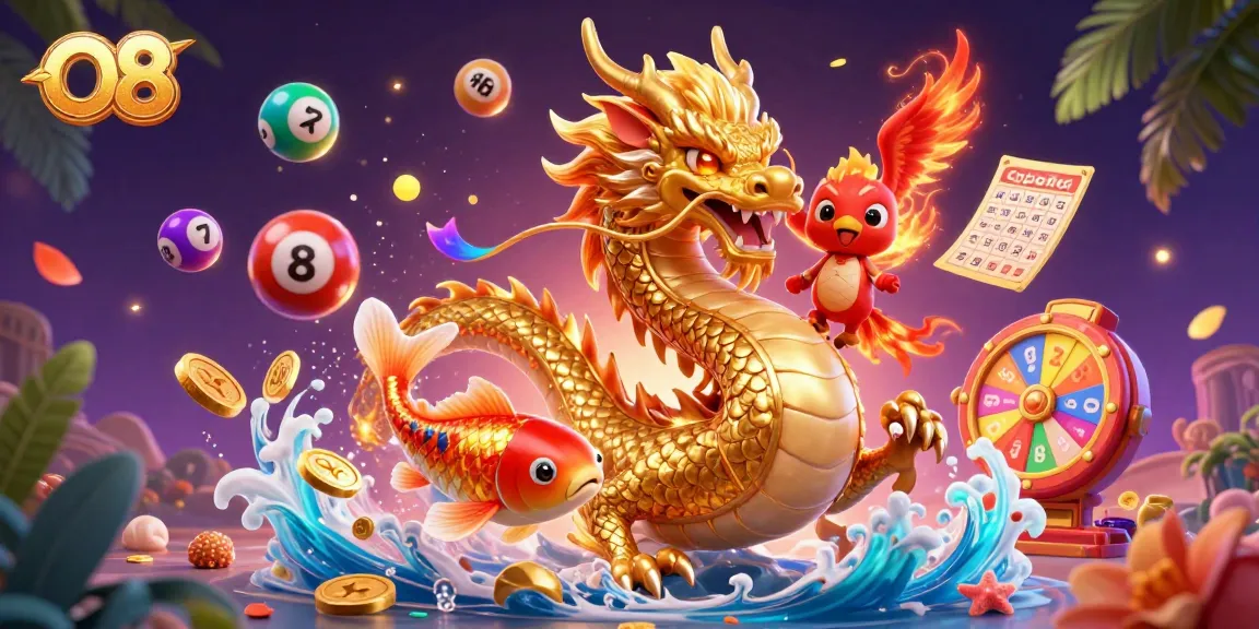 Experience O8's dynamic casino world with a dragon, phoenix, and koi amidst vibrant lottery elements.