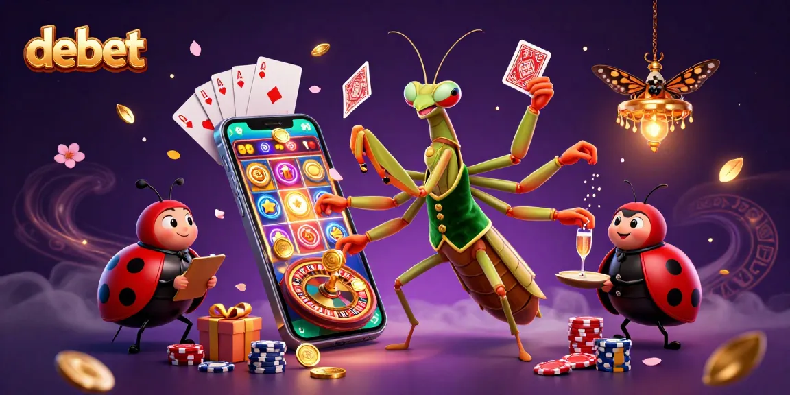 Engaging debet casino scene with a giant praying mantis card sharp and ladybug pit boss managing games.