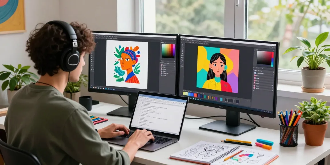 Artist using the nano banana 2 AI image editor in a vibrant creative studio.