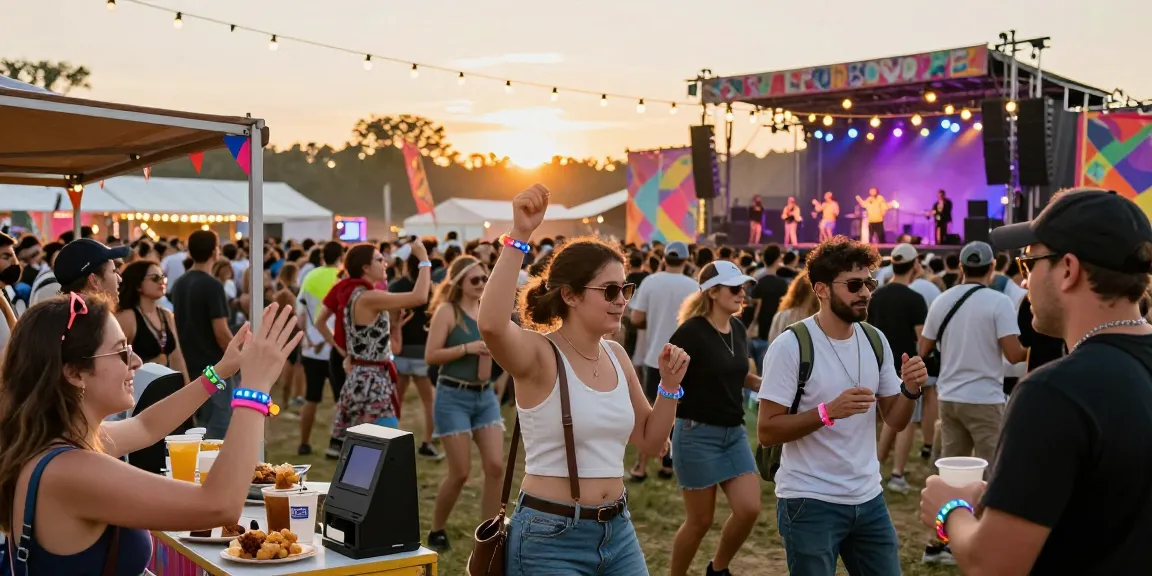 Engaged festival-goers enjoying cashless transactions with pulseras electrónicas para festivales, adding vibrancy and convenience to event experiences.