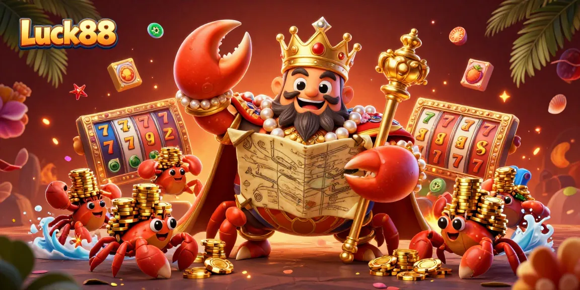 Experience the excitement of Luck88 with a golden crab emperor and dynamic slot game elements!