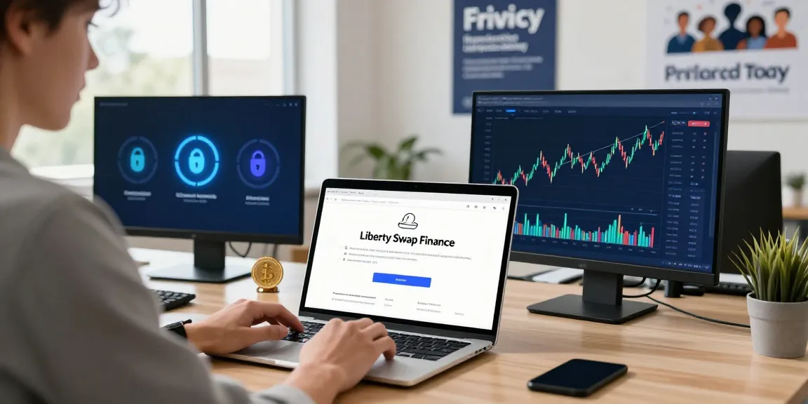 LibertySwap interface displayed on a laptop in a modern digital finance workspace, emphasizing privacy and cross-chain transactions.