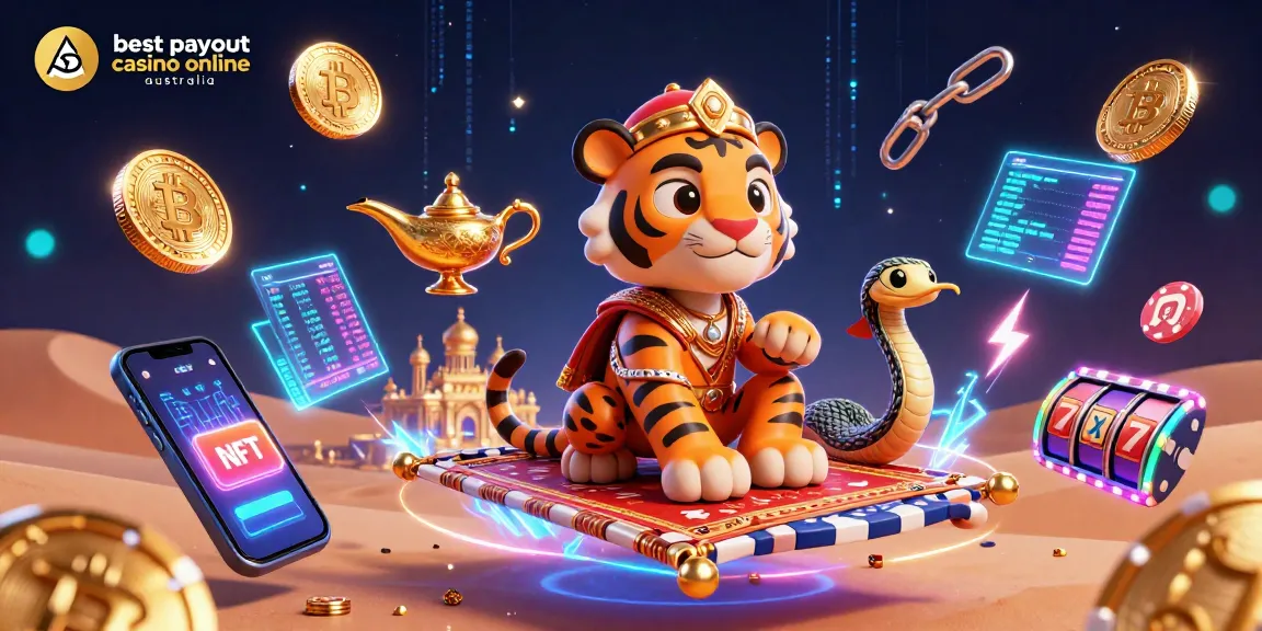 Experience the magic of the best payout casino online Australia with a sultan on a flying carpet surrounded by vibrant slot and crypto elements.