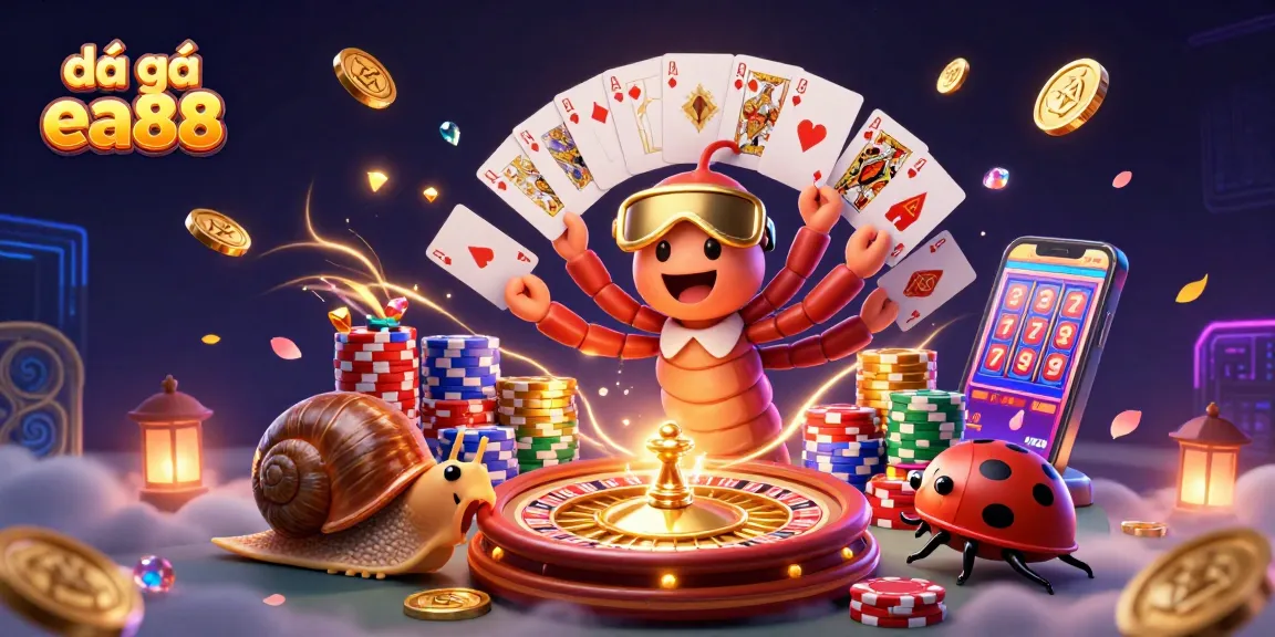 Engage with đá gà ea88 in this vibrant 3D illustration of a lively casino scene with playful characters.