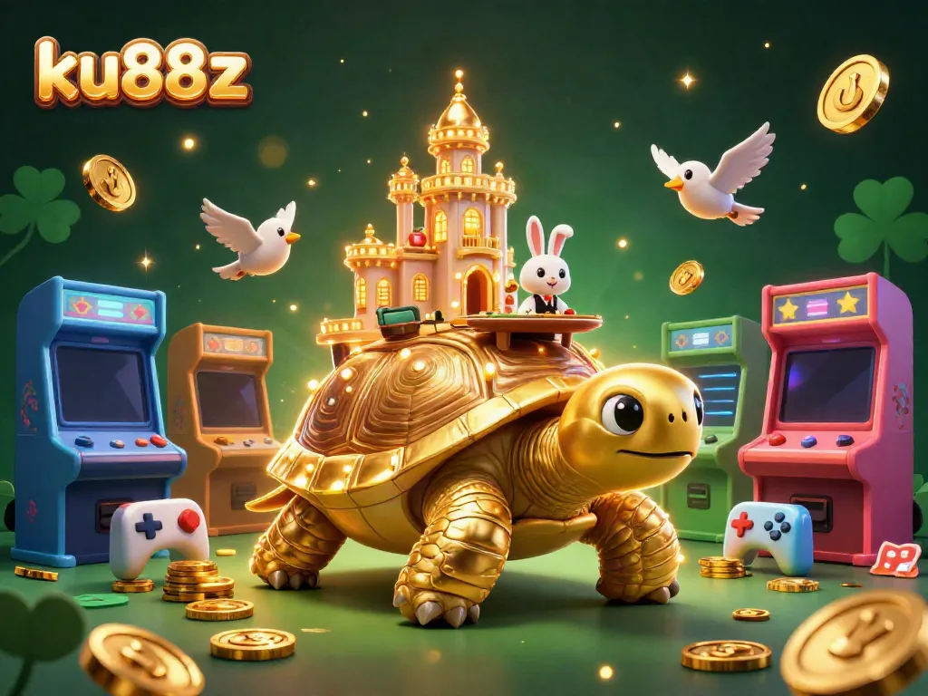 Experience exciting gaming adventures with ku88z in a vibrant 3D casino scene filled with playful characters.