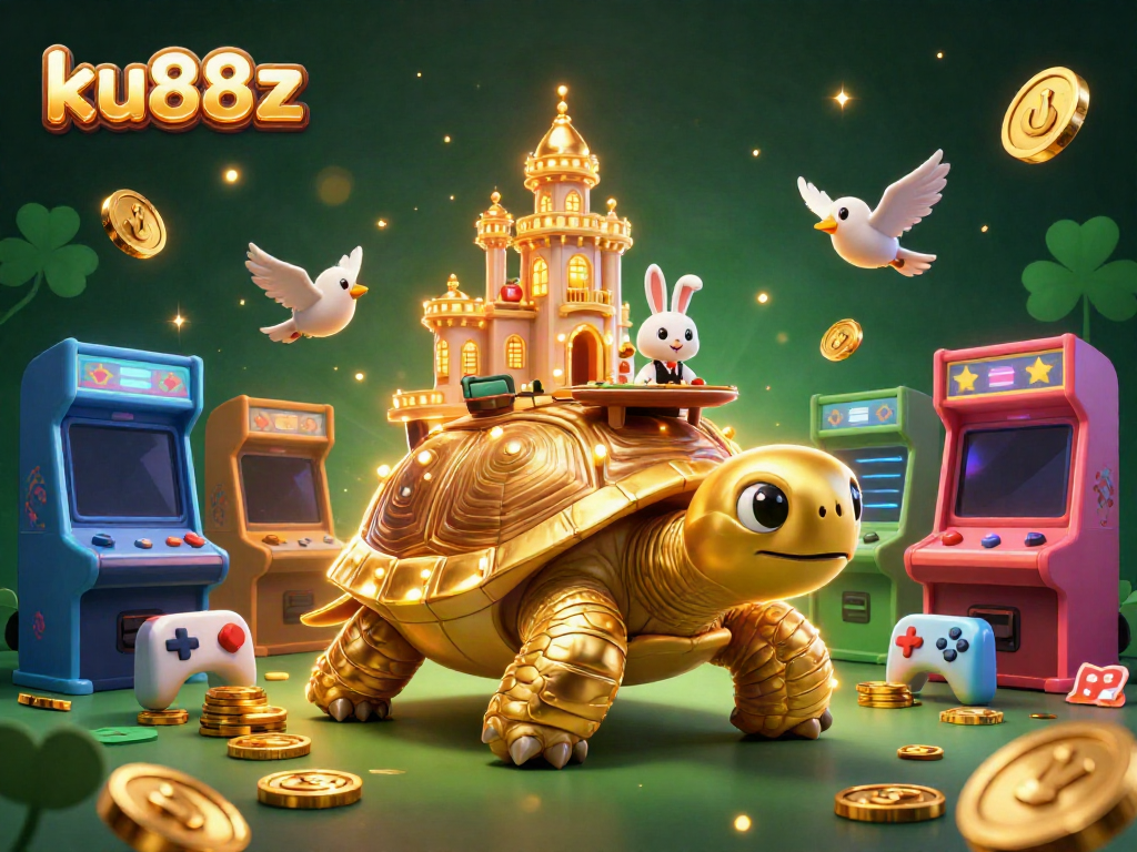 Experience exciting gaming adventures with ku88z in a vibrant 3D casino scene filled with playful characters.