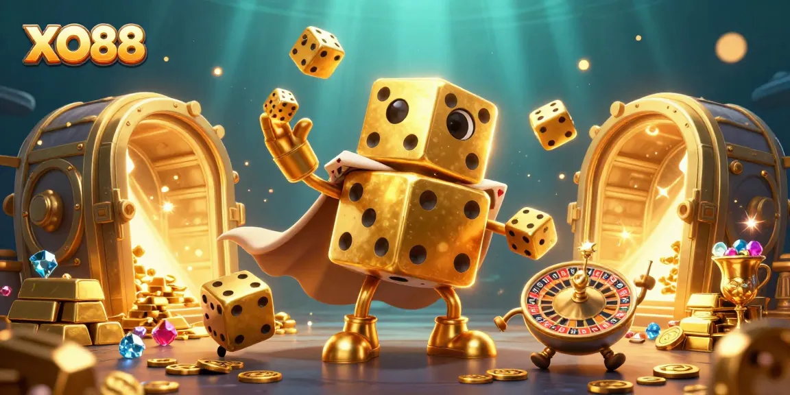Experience thrilling gaming with XO88, featuring golden dice and treasures in a vibrant casino scene.