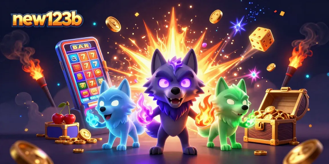 Win big at new123b with an exciting 3D casino scene featuring vibrant game elements and energetic characters.