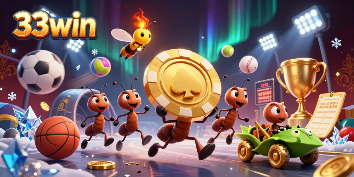 Betting on 33win illustrates a whimsical heist complete with ants, golden poker chips, and a dynamic sports theme.