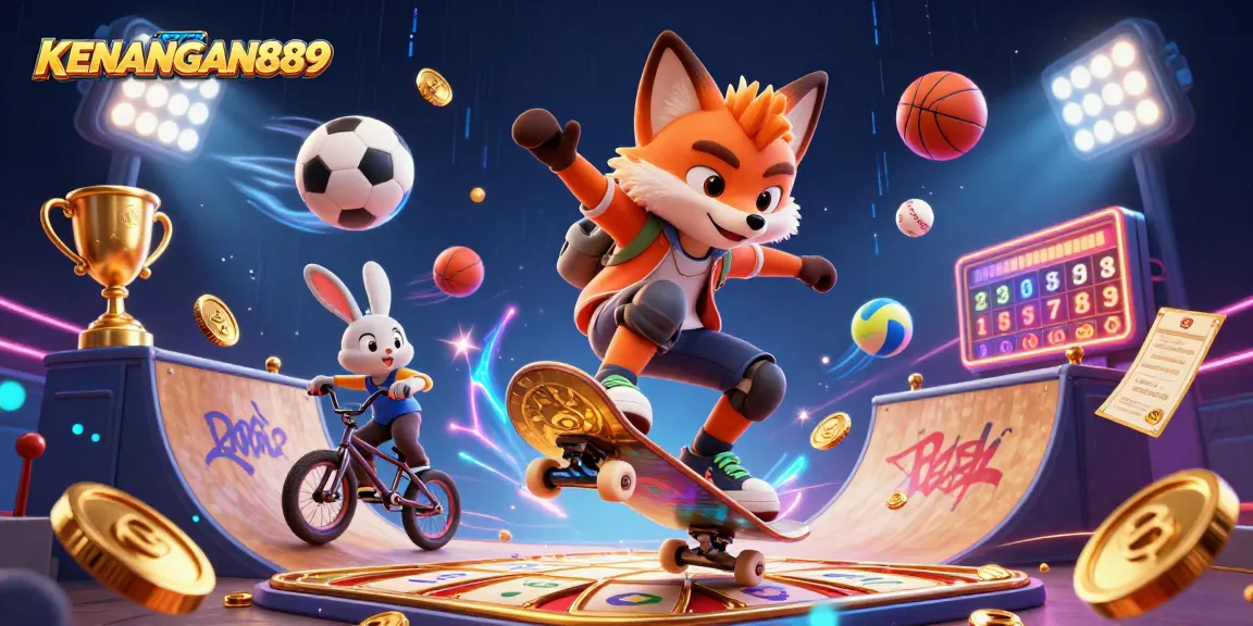 WIN big with KENANGAN889 as the fox skateboarder soars over golden slot reels!