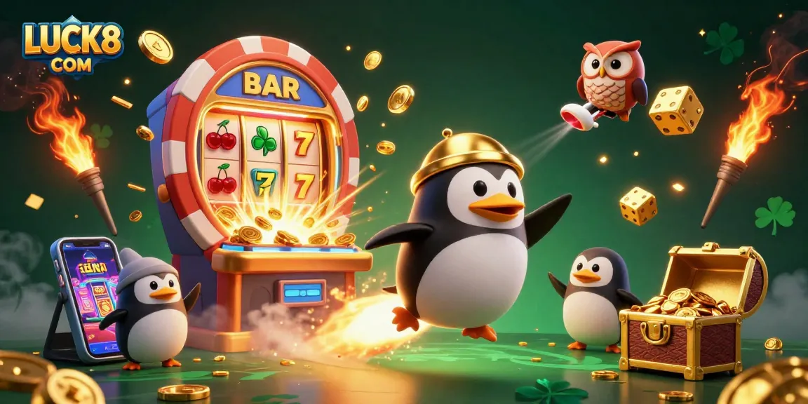 Join the excitement at LUCK8 COM with a vibrant golden penguin launching towards a jackpot adventure!