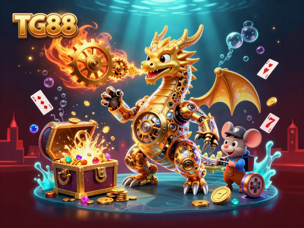 Experience the vibrant gaming world of TG88 with a golden dragon, slot reels, and treasure chests.