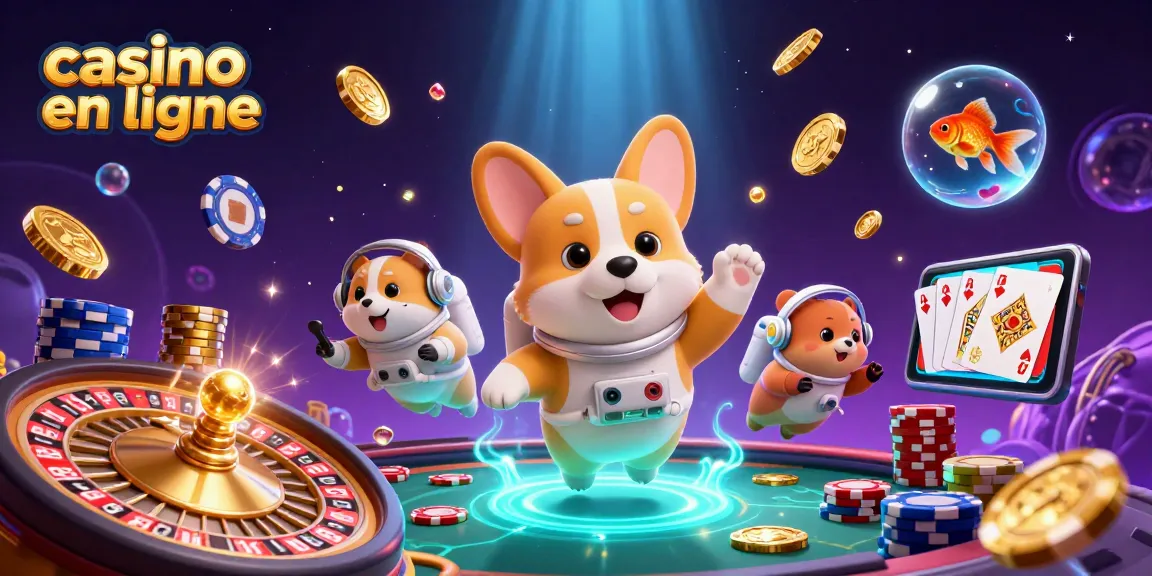 Découvrez le casino en ligne avec un corgi astronaute flottant dans un casino spatial, entouré de jetons et de pièces d'or.