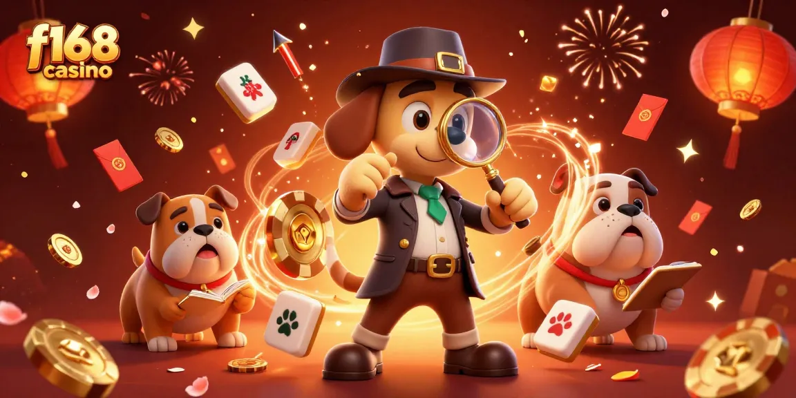 Engage with f168 casino's thrilling adventure as a detective uncovers poker treasures amidst festive casino symbols.