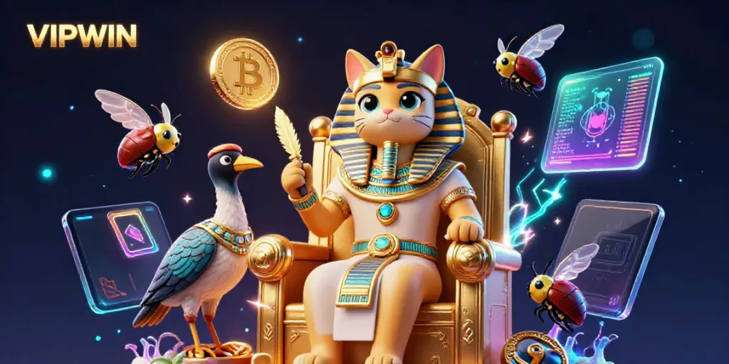 Experience the thrill of VIPWIN with a vibrant 3D illustration of an Egyptian pharaoh cat amidst crypto symbols and casino elements.