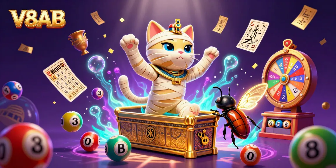 V8AB brand logo showcased with an Egyptian mummy cat and a colorful lottery environment, depicting excitement and fun.