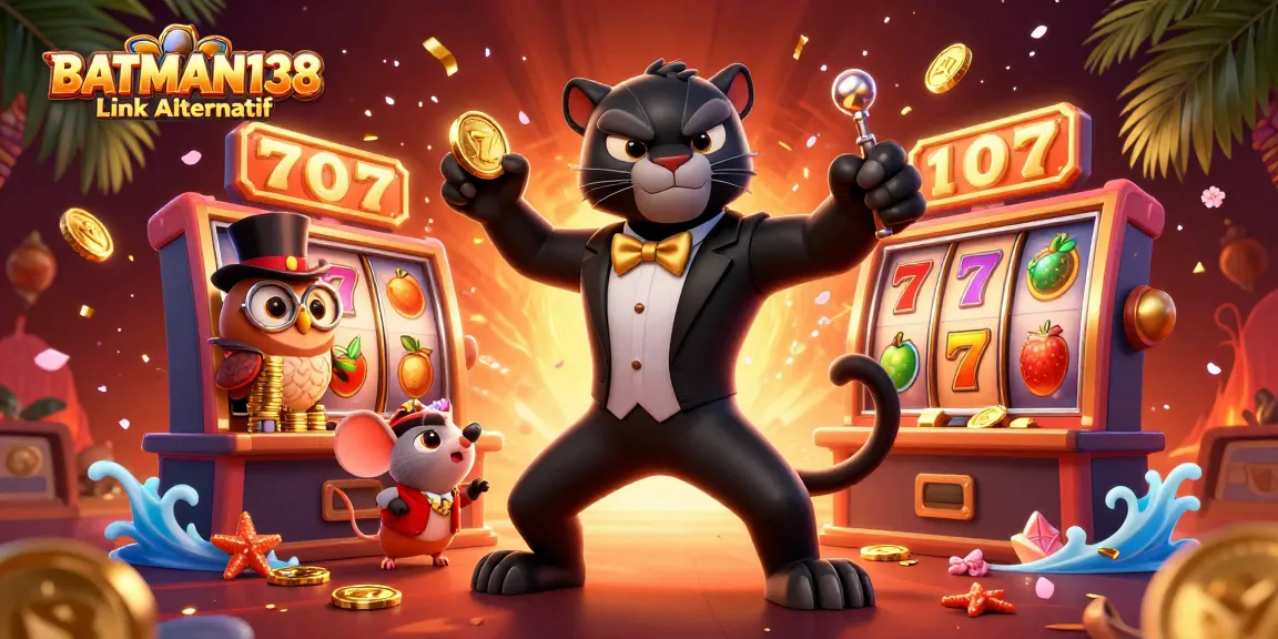 Mengakses BATMAN138 Link Alternatif dengan gaya, menunjukkan panther 3D menjadikan mesin slot menang dalam suasana kasino