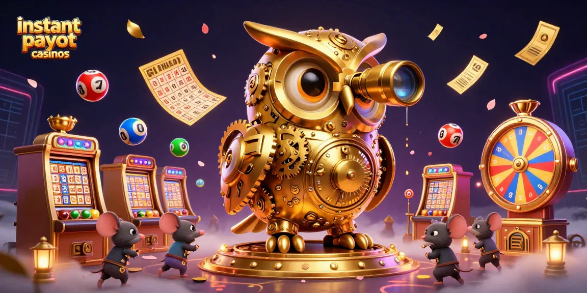 Engage with instant payout casinos featuring a golden owl overseeing a vibrant casino scene full of winning opportunities.
