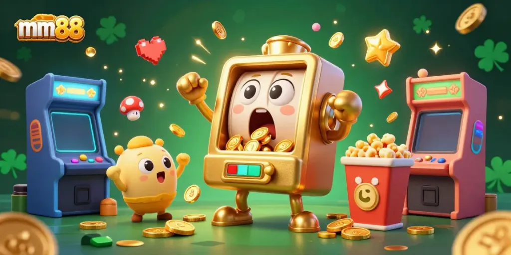 Spin the mm88 golden slot machine as it joyfully pours coins amidst cheering baby slots and a popcorn machine.