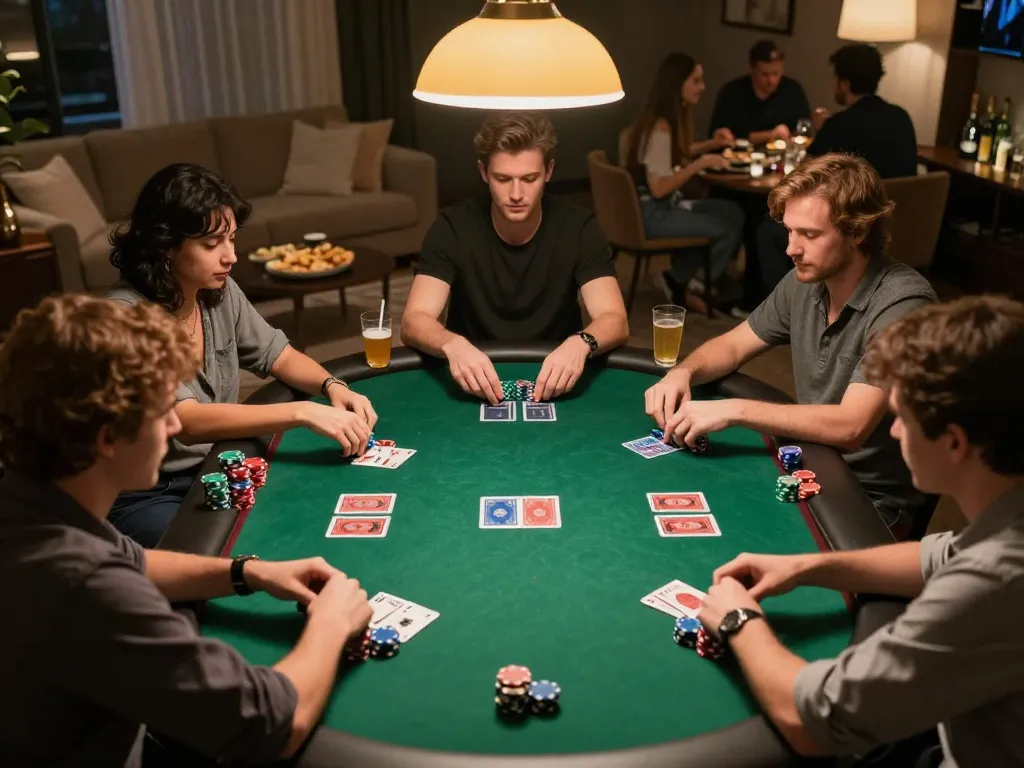 Spannendes Pokerspiel zu Hause, das strategische Einsätze in lebhaften Umgebungen zeigt, Immobilienmakler Frankfurt Dornbusch.
