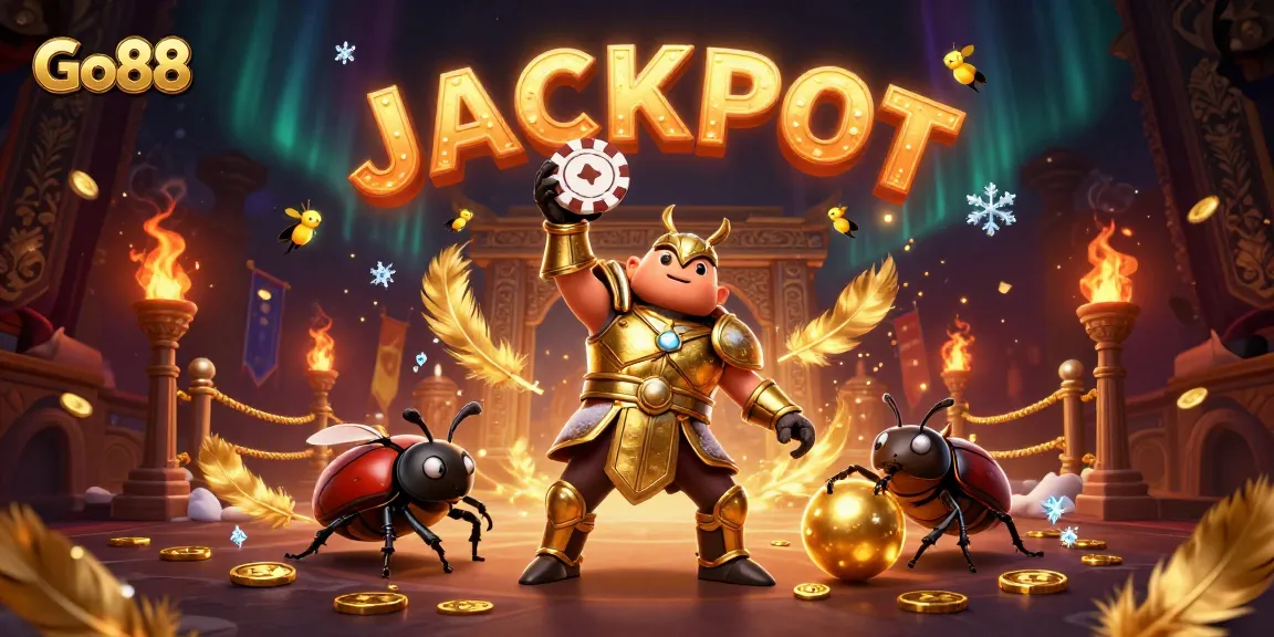 Experience the thrill of Go88 with a 3D illustration showcasing a victorious beetle hero and vibrant casino elements.