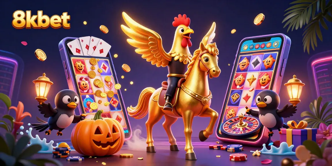 Experience thrilling casino action with 8kbet's vibrant illustration featuring a golden rooster and slot games.
