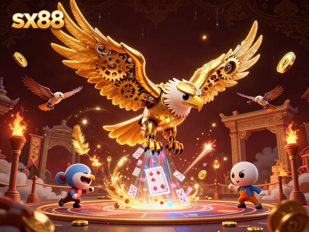 Experience exciting gameplay with the sx88 platform featuring a golden eagle amidst cascading cards and vibrant casino elements.