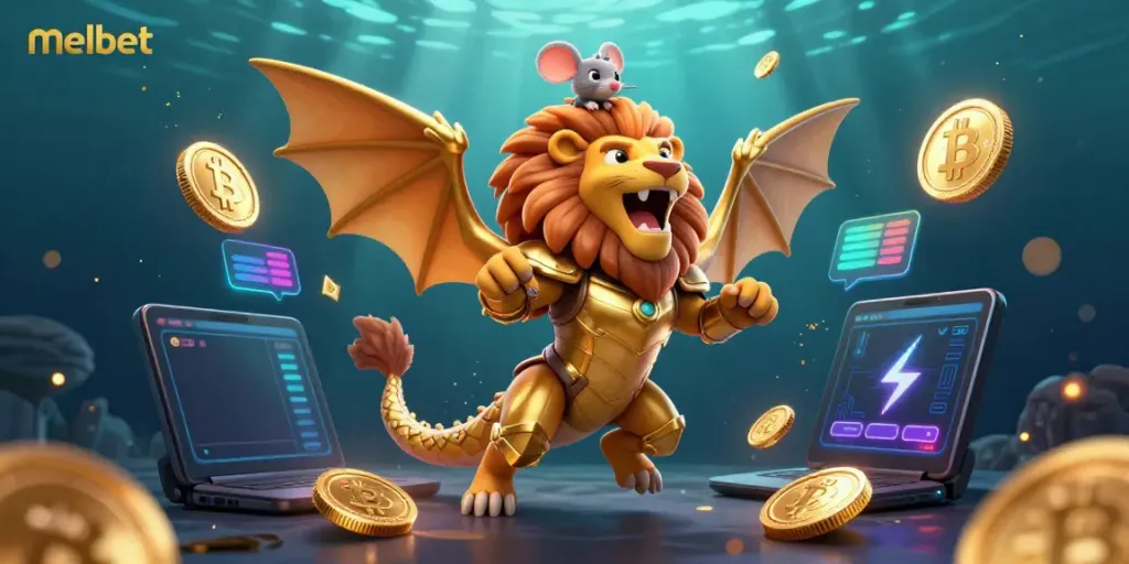 Experience melbet gaming thrills with a triumphant chimera in golden armor amidst vibrant cryptocurrency elements.