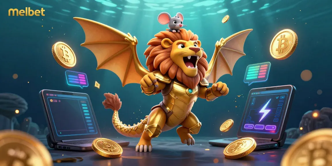 Experience melbet gaming thrills with a triumphant chimera in golden armor amidst vibrant cryptocurrency elements.