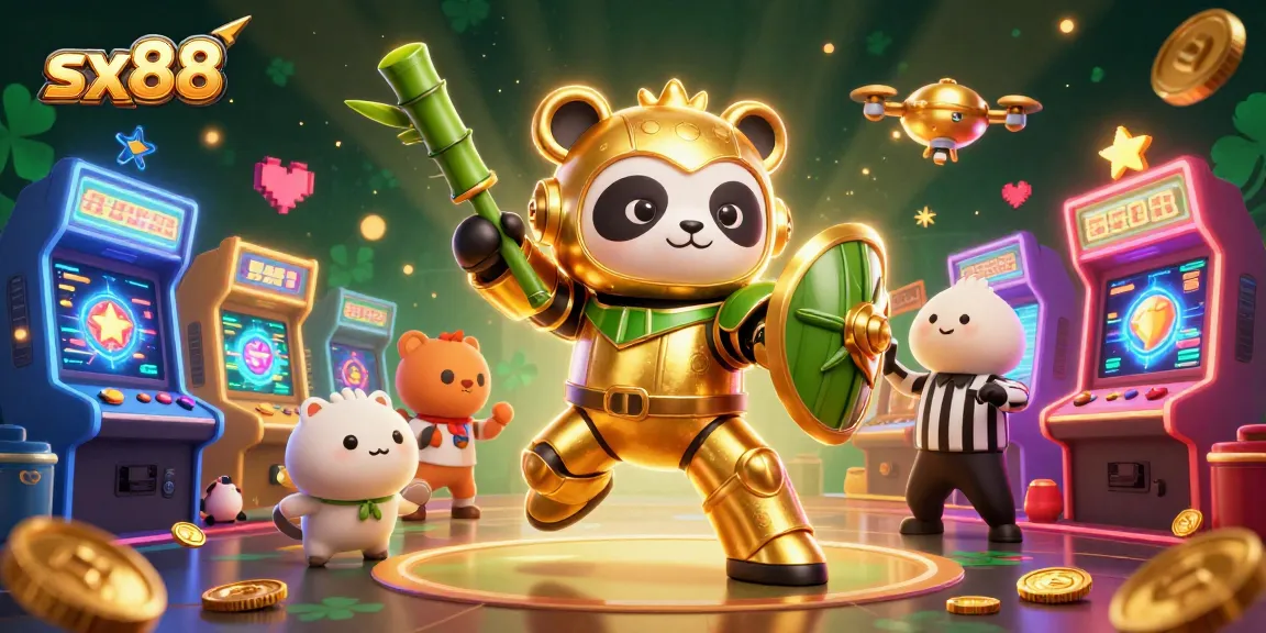 Experience gaming excitement at sx88 with a spectacular panda piloting a bamboo robot in a vibrant casino