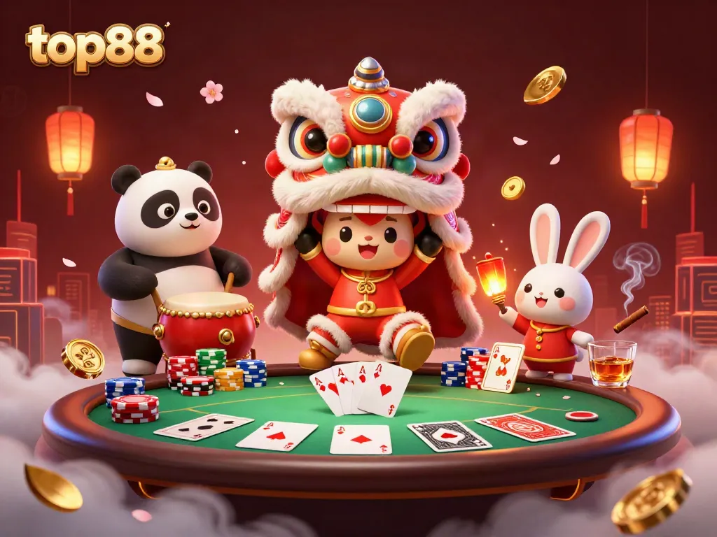 Experience the vibrant energy of top88 with a festive casino scene featuring a lion dance and poker elements.