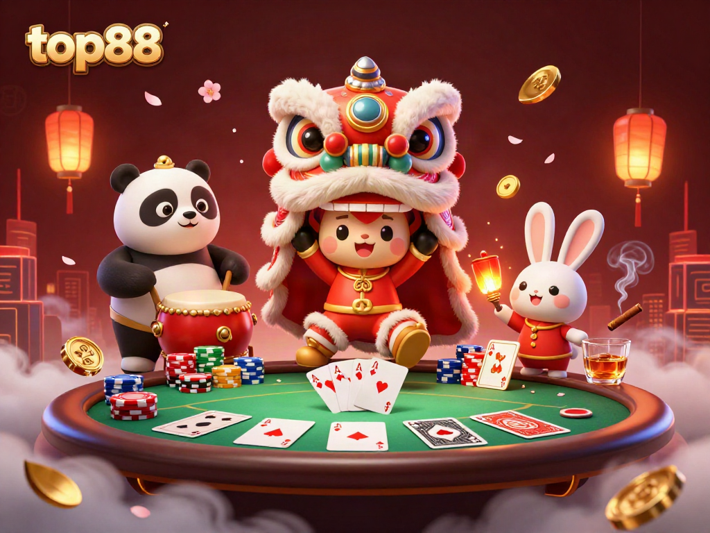 Experience the vibrant energy of top88 with a festive casino scene featuring a lion dance and poker elements.