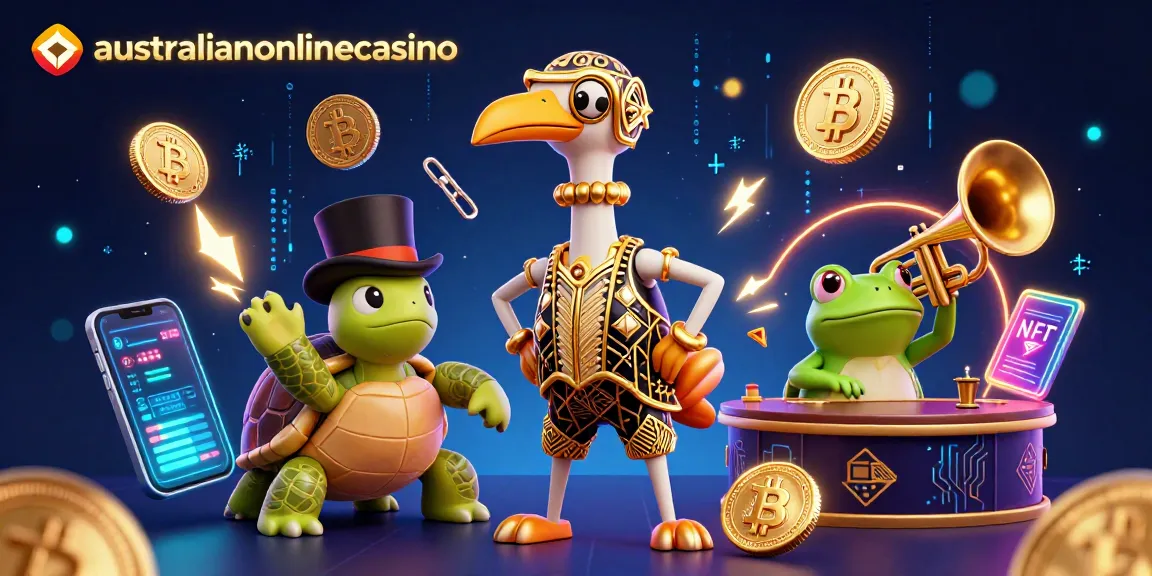 Play exciting games at australianonlinecasino with vibrant characters and crypto elements in a dynamic casino scene.