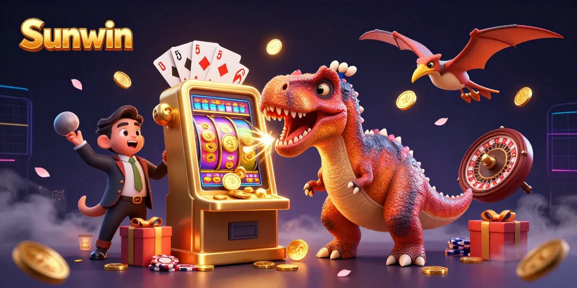 Sunwin joyfully celebrates a jackpot with playful dinosaurs and dynamic casino elements, creating excitement.