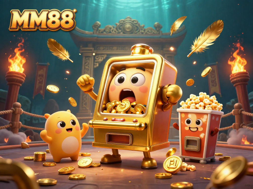 MM88 jackpot scene with a golden slot machine and cheering baby slots amidst vibrant casino elements.