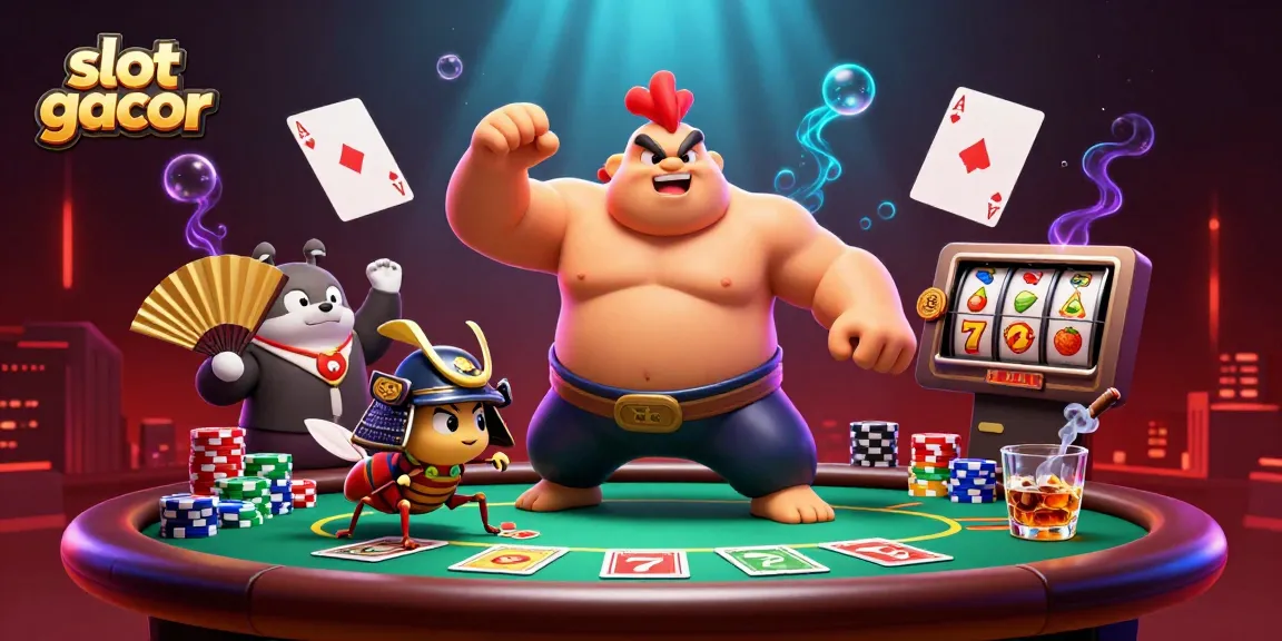 Experience slot gacor action with a powerful sumo rooster and poker challenges in an epic casino scene