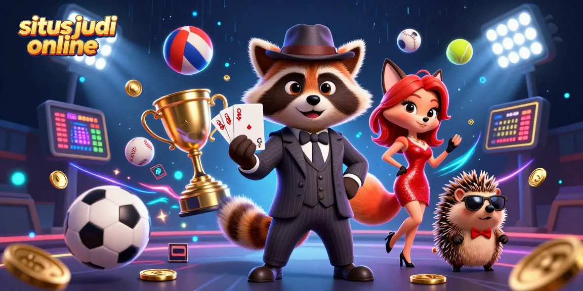 Gambarkan suasana menarik dalam situs judi online dengan karakter kartun berbeda yang menikmati permainan.