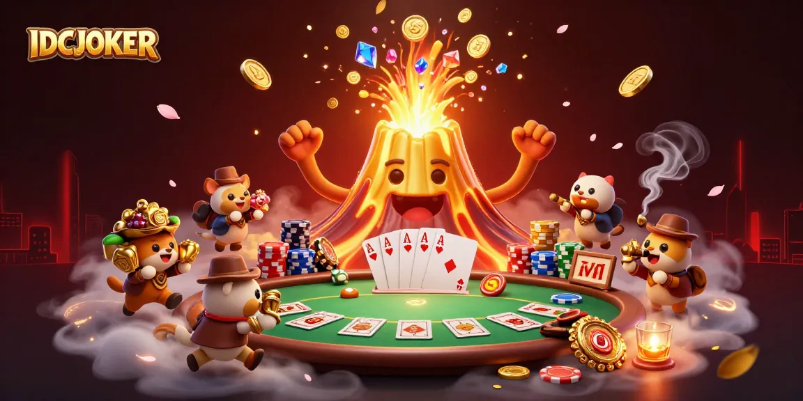 IDCJOKER engages players with a dynamic scene of treasure-hunting animals, golden volcanoes, and poker elements.