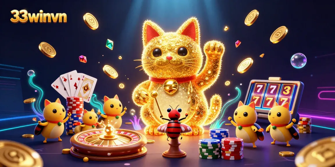 Experience thrilling gaming at 33winvn with a dynamic scene of casino elements, lucky cats, and vibrant visuals.