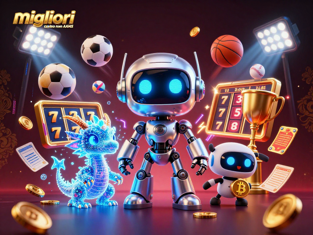 Visualizza i migliori casino non AAMS con un robot cyberpunk e un drago olografico.
