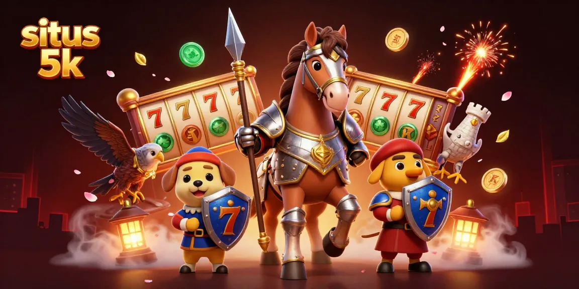 Situs 5k showcases winning slots with a medieval knight, squire puppy, and falcon in a vibrant casino scene.